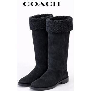 Coach Eliza Tall Boots Black Suede Shearling Lined Fold Over Womens Size 6B